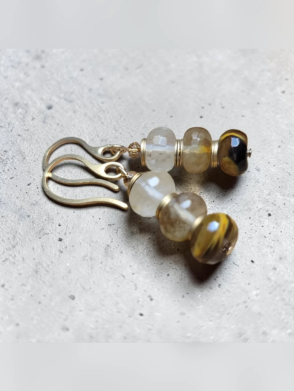 Handmade Volcano Cherry Quartz Dangle Earrings Gold Tone Neutral Beaded Drop